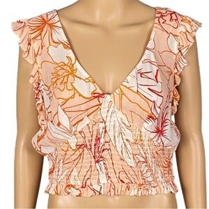PATRONS OF PEACE coral and cream flutter sleeve cropped top. Size Medium. NWT